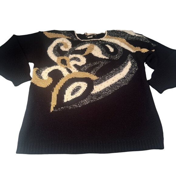Dana Scott Sweater Women Tunic Vintage Beaded Angora Wool Blend Gold Graphic - Picture 1 of 14